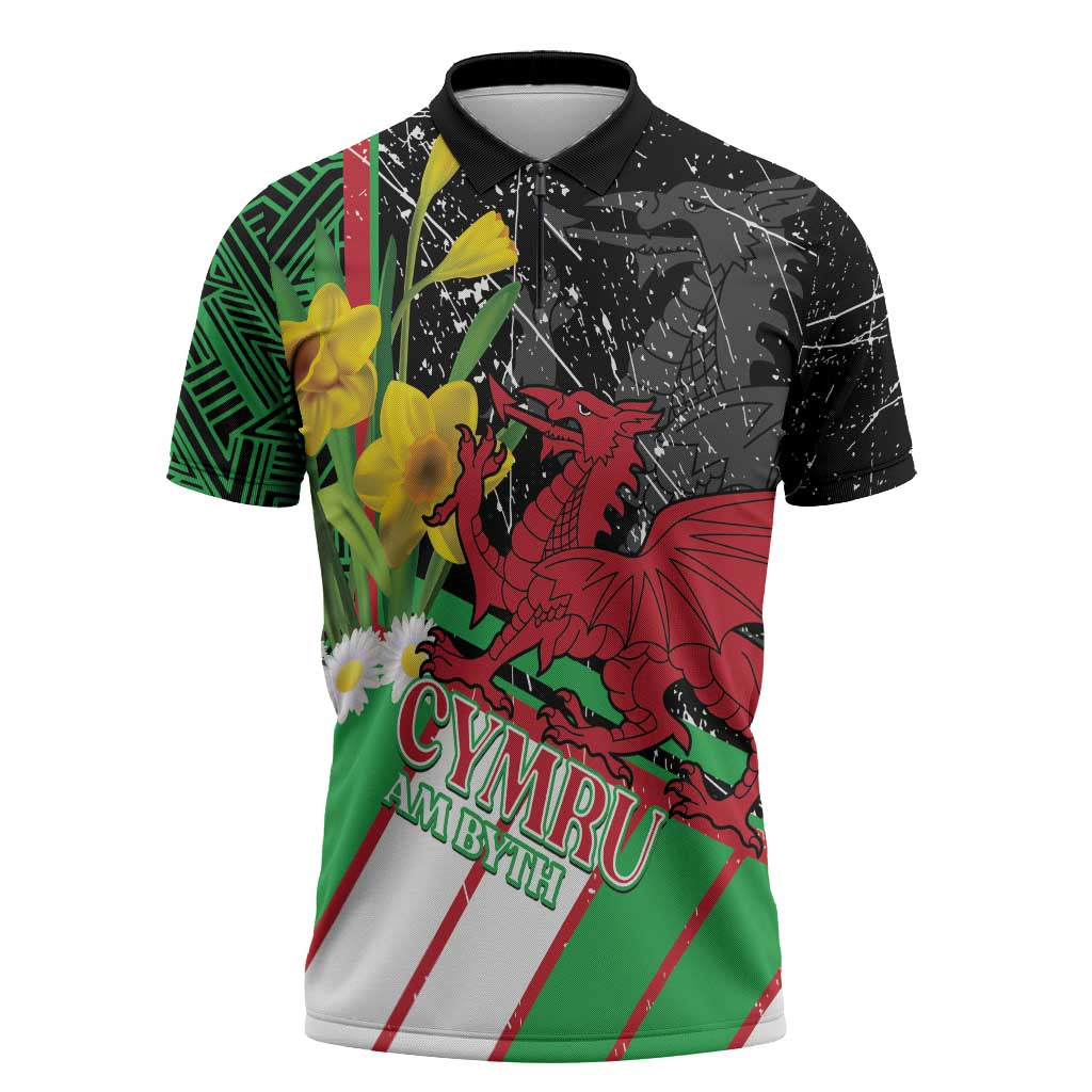 Wales Saint David's Day Zipper Polo Shirt Cymru Am Byth Welsh Dragon - Wonder Print Shop