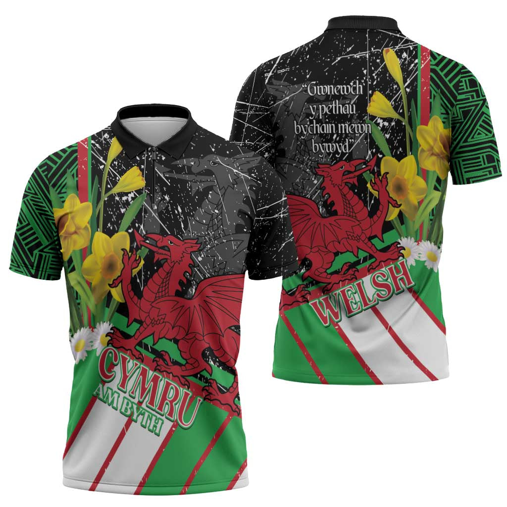 Wales Saint David's Day Zipper Polo Shirt Cymru Am Byth Welsh Dragon - Wonder Print Shop