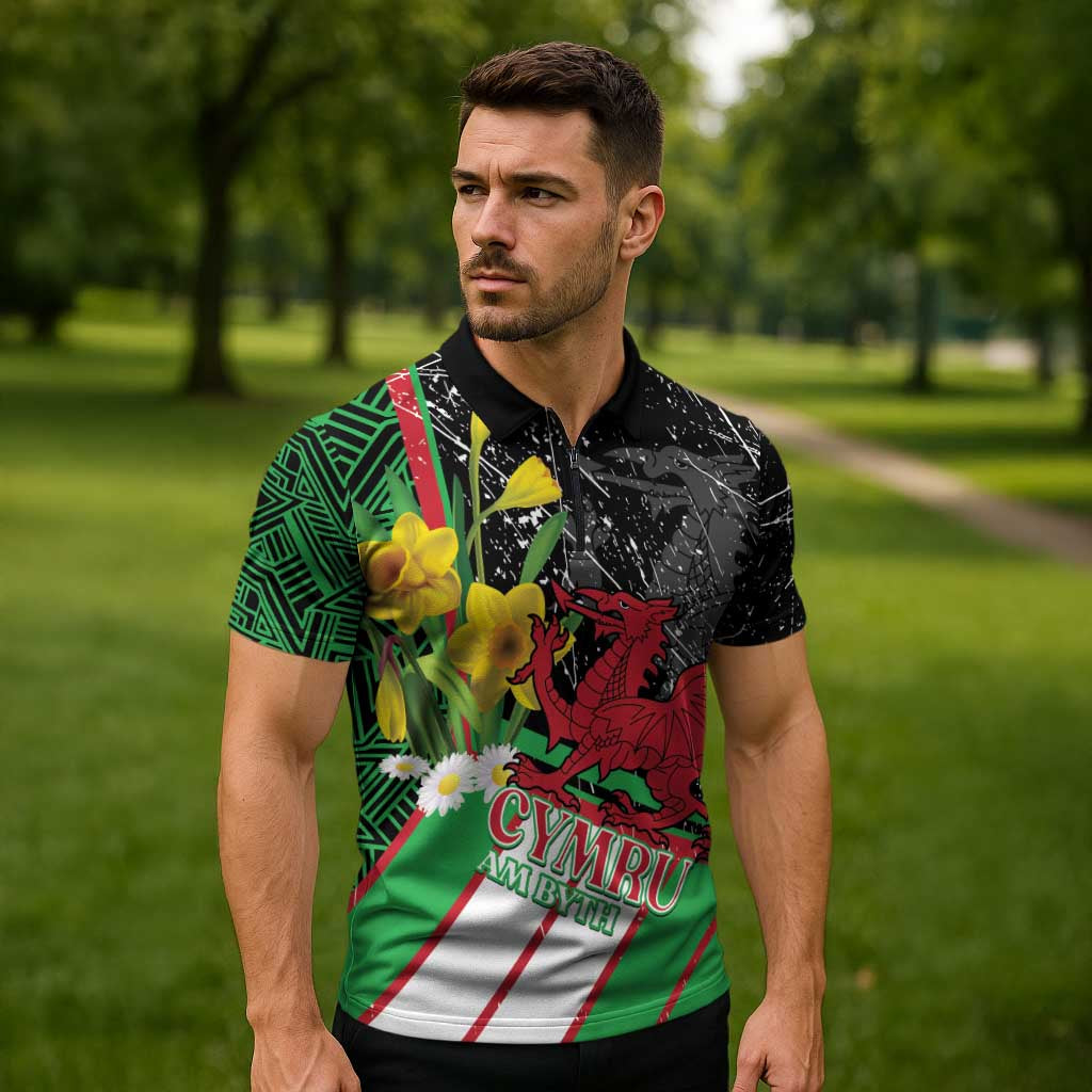 Wales Saint David's Day Zipper Polo Shirt Cymru Am Byth Welsh Dragon - Wonder Print Shop