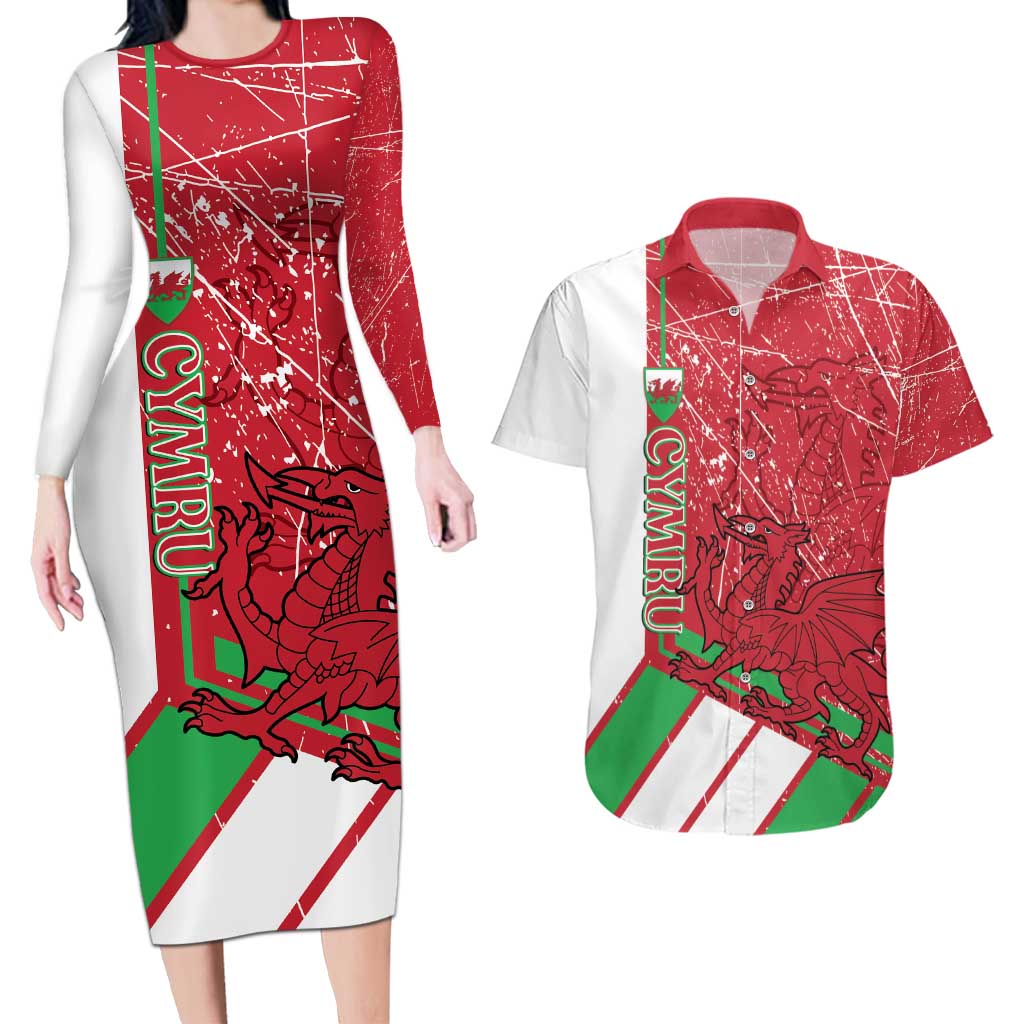 Wales Football Custom Couples Matching Long Sleeve Bodycon Dress and Hawaiian Shirt 2026 Come On Cymru Grunge Style - Wonder Print Shop