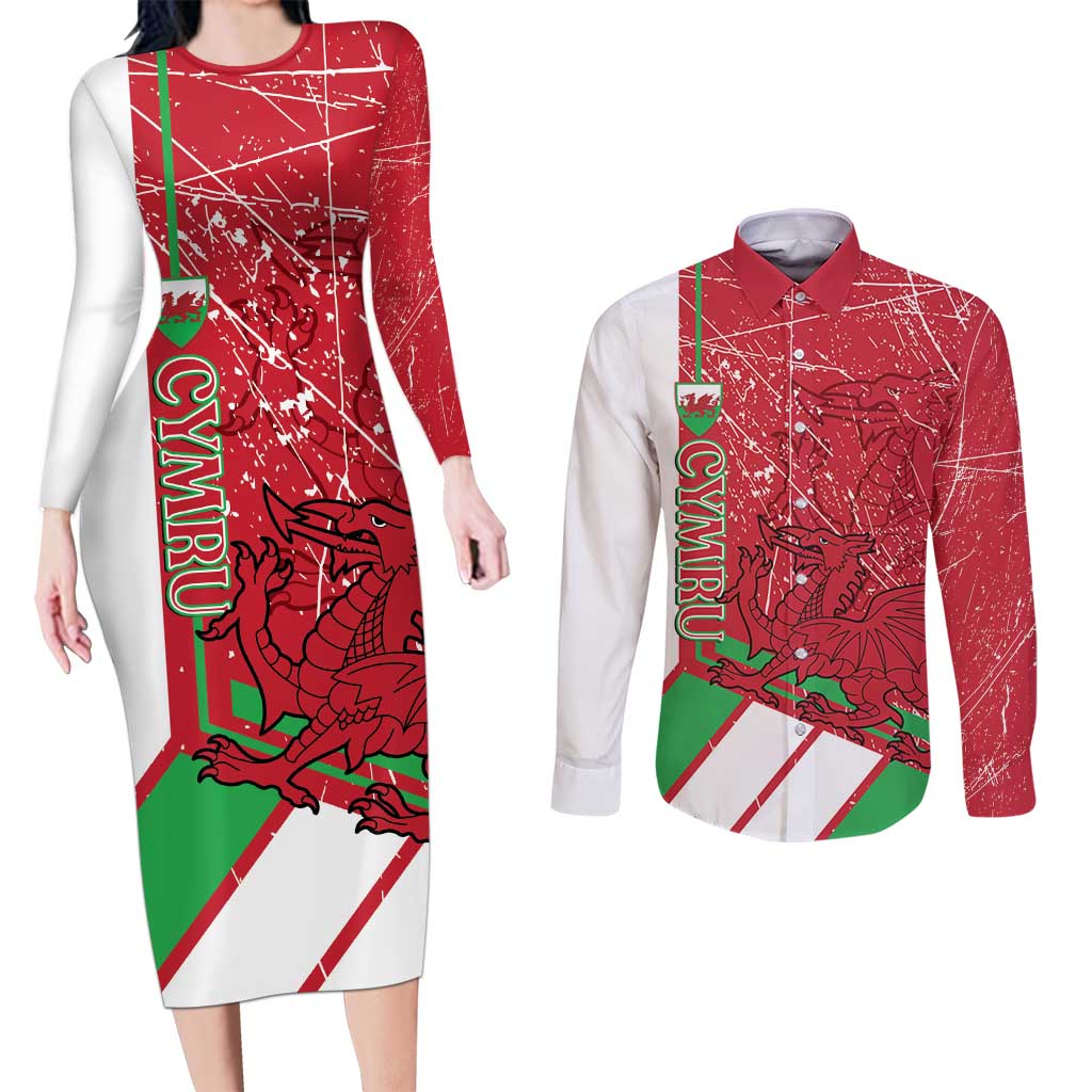 Wales Football Custom Couples Matching Long Sleeve Bodycon Dress and Long Sleeve Button Shirt 2026 Come On Cymru Grunge Style - Wonder Print Shop