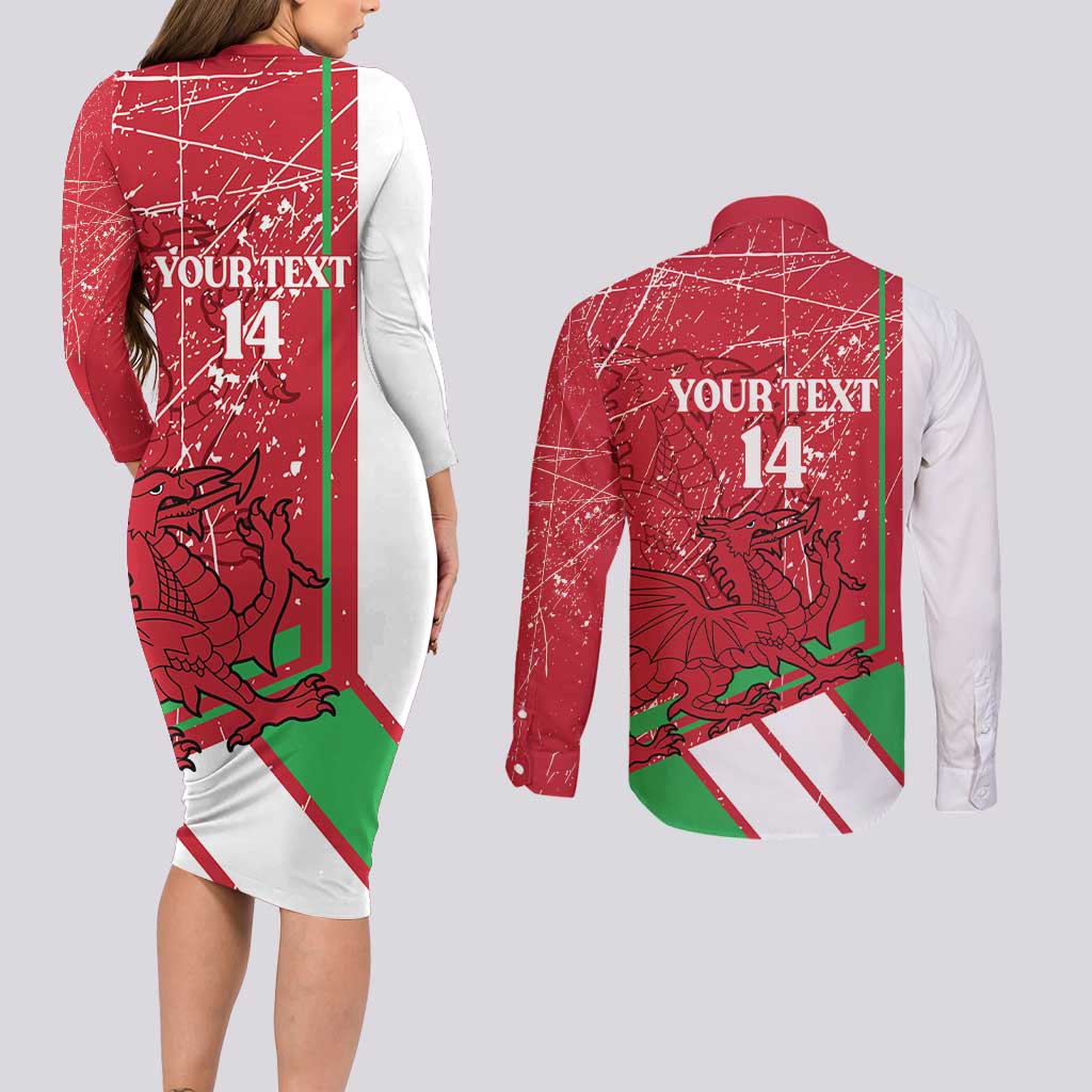 Wales Football Custom Couples Matching Long Sleeve Bodycon Dress and Long Sleeve Button Shirt 2026 Come On Cymru Grunge Style - Wonder Print Shop