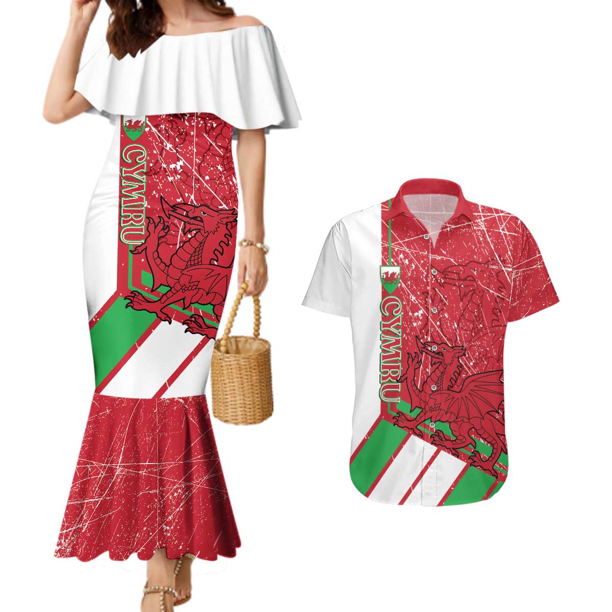 Wales Football Custom Couples Matching Mermaid Dress and Hawaiian Shirt 2026 Come On Cymru Grunge Style - Wonder Print Shop