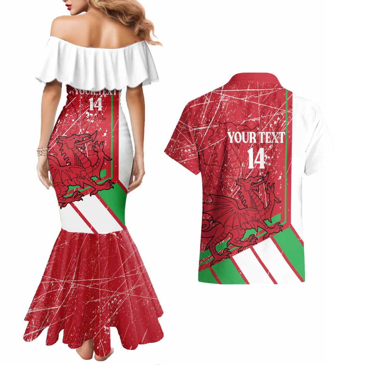 Wales Football Custom Couples Matching Mermaid Dress and Hawaiian Shirt 2026 Come On Cymru Grunge Style - Wonder Print Shop
