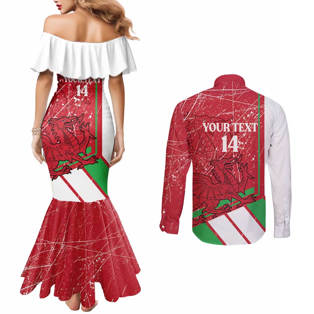 Wales Football Custom Couples Matching Mermaid Dress and Long Sleeve Button Shirt 2026 Come On Cymru Grunge Style - Wonder Print Shop