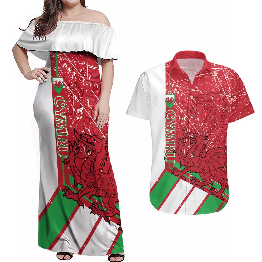 Wales Football Custom Couples Matching Off Shoulder Maxi Dress and Hawaiian Shirt 2026 Come On Cymru Grunge Style - Wonder Print Shop