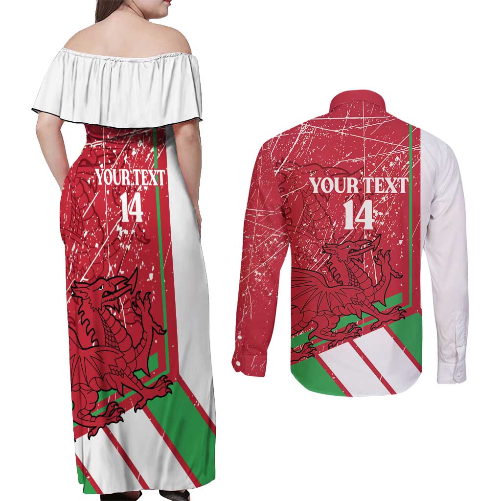 Wales Football Custom Couples Matching Off Shoulder Maxi Dress and Long Sleeve Button Shirt 2026 Come On Cymru Grunge Style - Wonder Print Shop