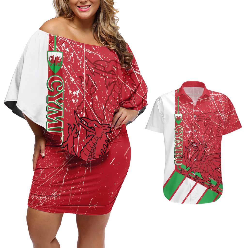Wales Football Custom Couples Matching Off Shoulder Short Dress and Hawaiian Shirt 2026 Come On Cymru Grunge Style - Wonder Print Shop
