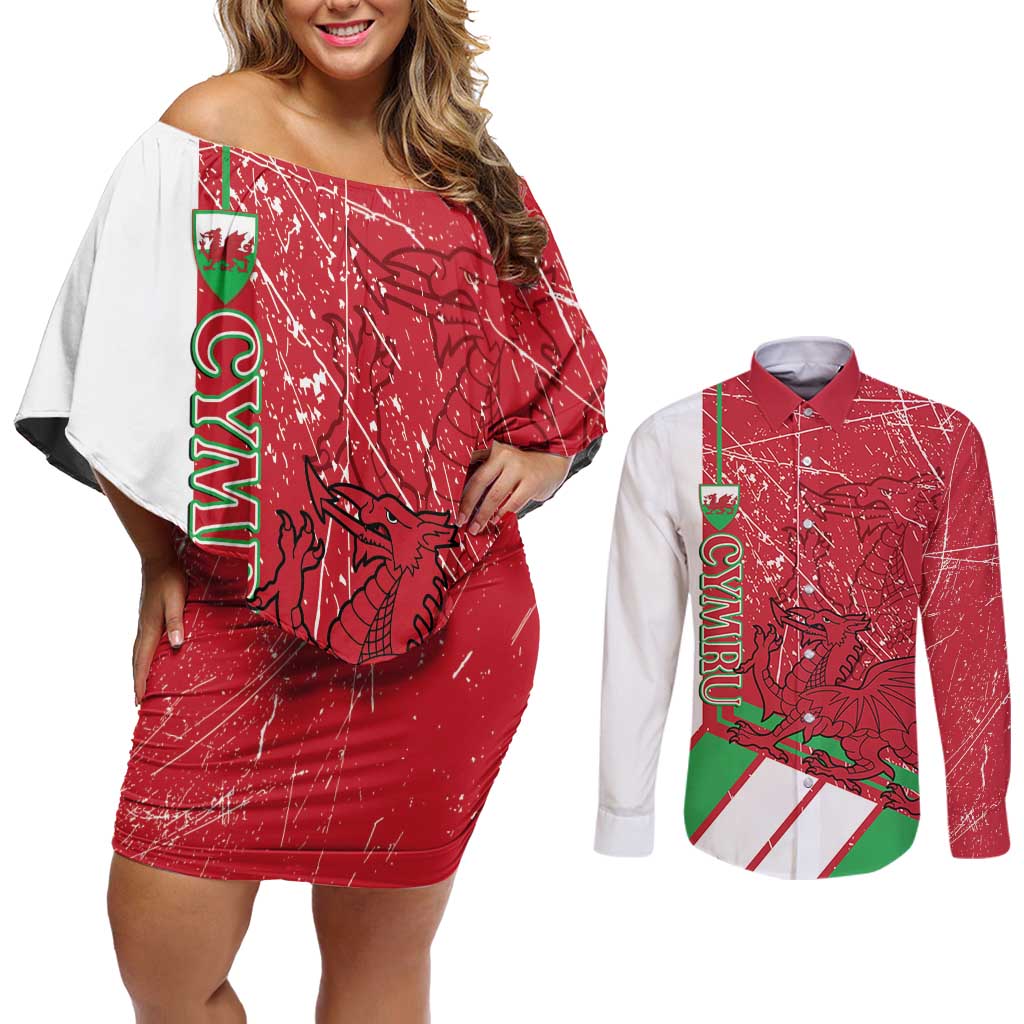 Wales Football Custom Couples Matching Off Shoulder Short Dress and Long Sleeve Button Shirt 2026 Come On Cymru Grunge Style - Wonder Print Shop