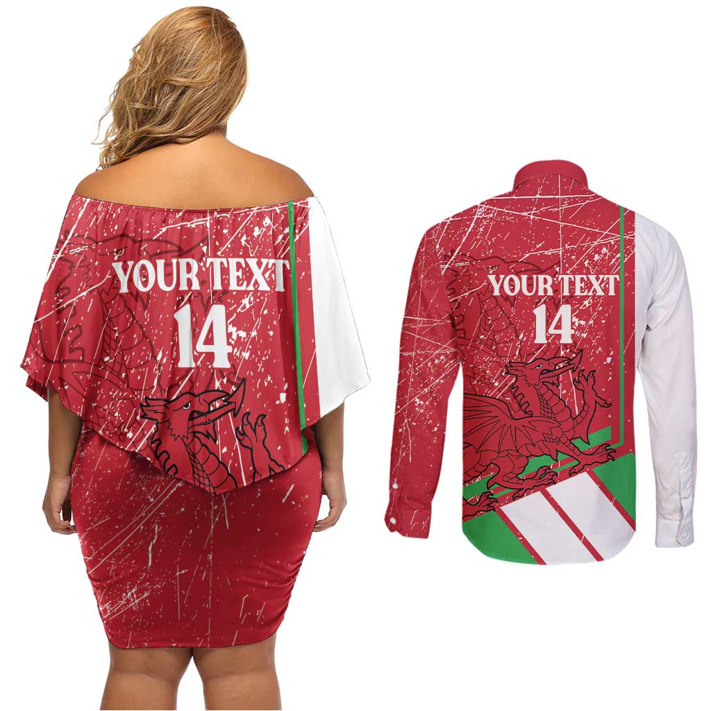 Wales Football Custom Couples Matching Off Shoulder Short Dress and Long Sleeve Button Shirt 2026 Come On Cymru Grunge Style - Wonder Print Shop
