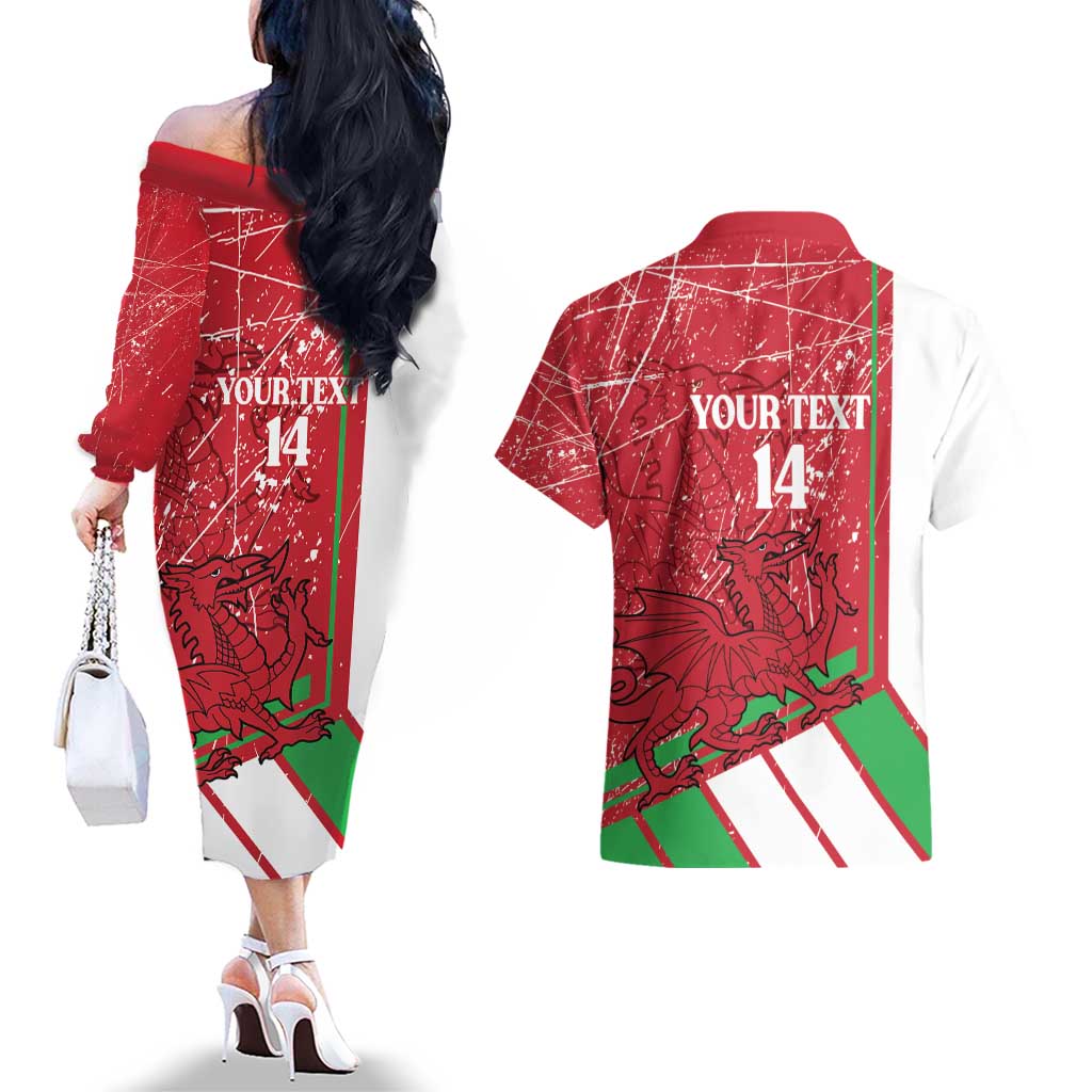 Wales Football Custom Couples Matching Off The Shoulder Long Sleeve Dress and Hawaiian Shirt 2026 Come On Cymru Grunge Style - Wonder Print Shop