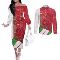 Wales Football Custom Couples Matching Off The Shoulder Long Sleeve Dress and Long Sleeve Button Shirt 2026 Come On Cymru Grunge Style - Wonder Print Shop