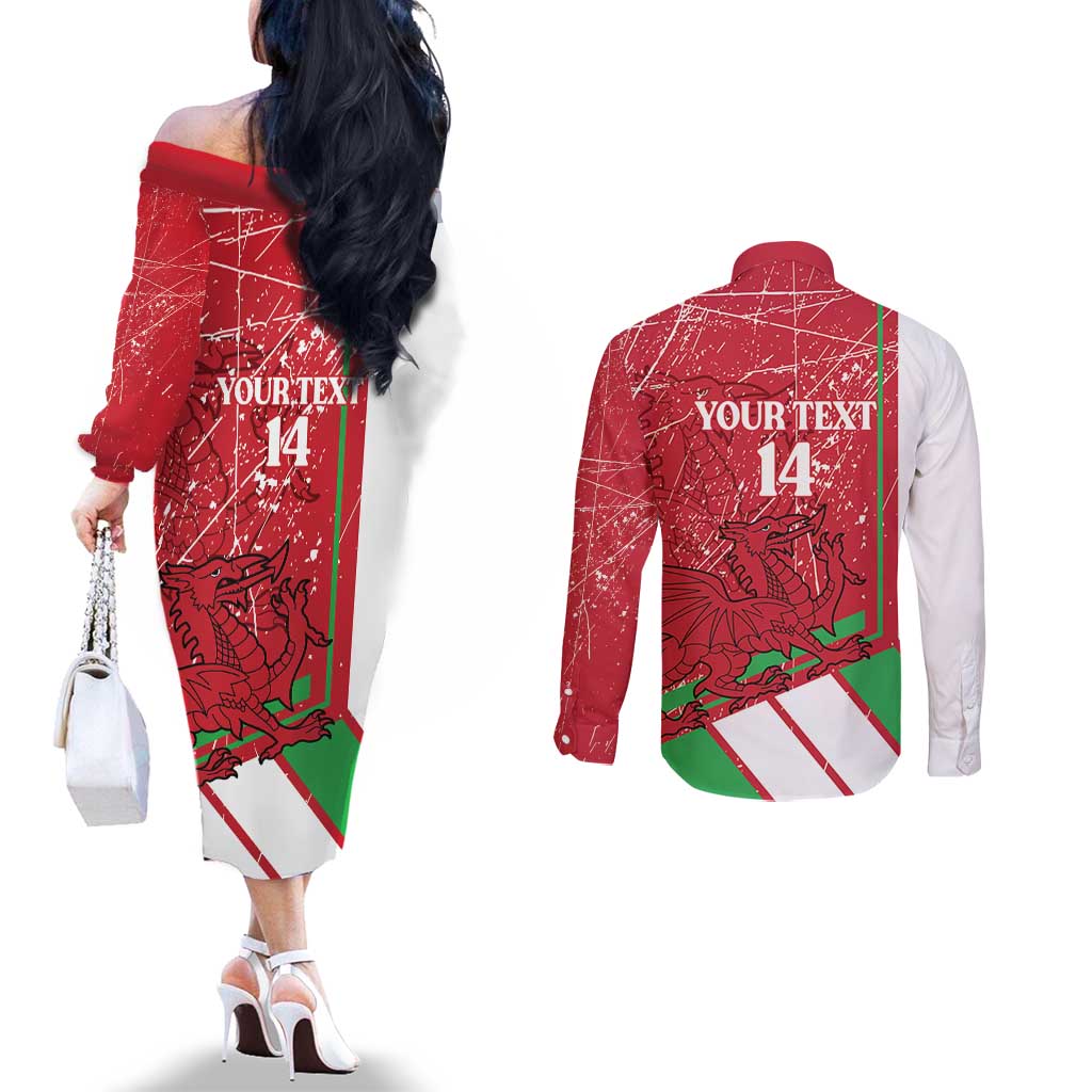 Wales Football Custom Couples Matching Off The Shoulder Long Sleeve Dress and Long Sleeve Button Shirt 2026 Come On Cymru Grunge Style - Wonder Print Shop