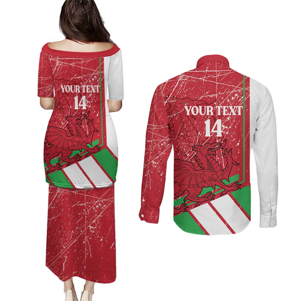 Wales Football Custom Couples Matching Puletasi and Long Sleeve Button Shirt 2026 Come On Cymru Grunge Style - Wonder Print Shop