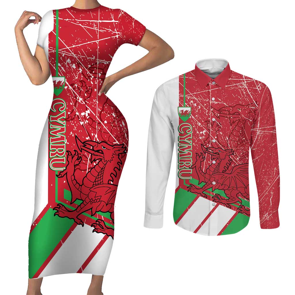 Wales Football Custom Couples Matching Short Sleeve Bodycon Dress and Long Sleeve Button Shirt 2026 Come On Cymru Grunge Style - Wonder Print Shop