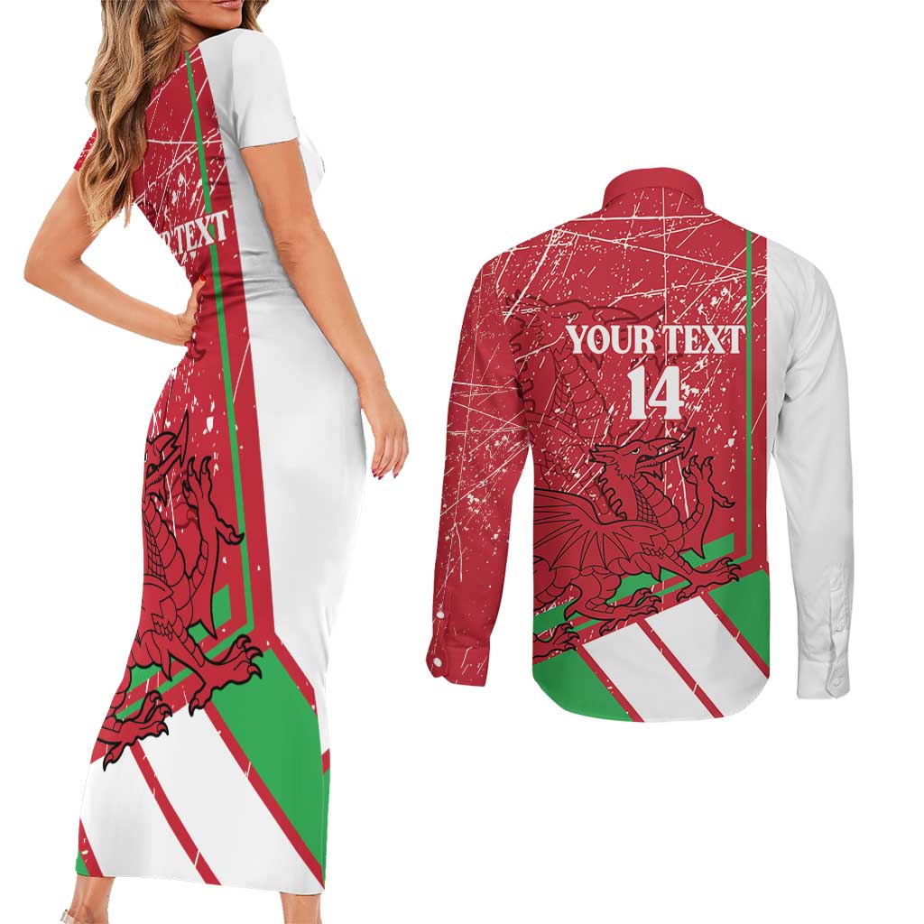 Wales Football Custom Couples Matching Short Sleeve Bodycon Dress and Long Sleeve Button Shirt 2026 Come On Cymru Grunge Style - Wonder Print Shop