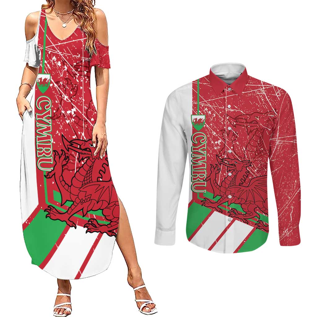 Wales Football Custom Couples Matching Summer Maxi Dress and Long Sleeve Button Shirt 2026 Come On Cymru Grunge Style - Wonder Print Shop