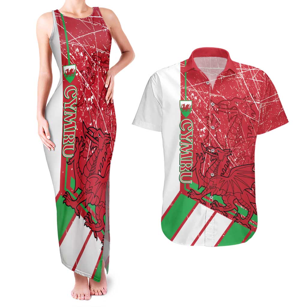 Wales Football Custom Couples Matching Tank Maxi Dress and Hawaiian Shirt 2026 Come On Cymru Grunge Style - Wonder Print Shop