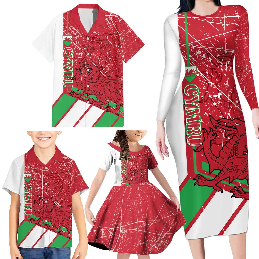 Wales Football Custom Family Matching Long Sleeve Bodycon Dress and Hawaiian Shirt 2026 Come On Cymru Grunge Style - Wonder Print Shop