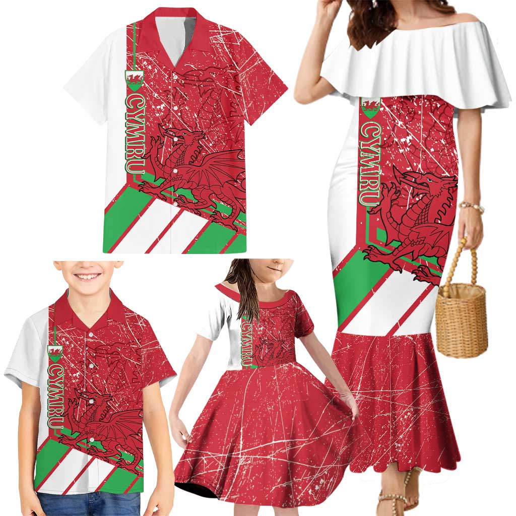Wales Football Custom Family Matching Mermaid Dress and Hawaiian Shirt 2026 Come On Cymru Grunge Style - Wonder Print Shop