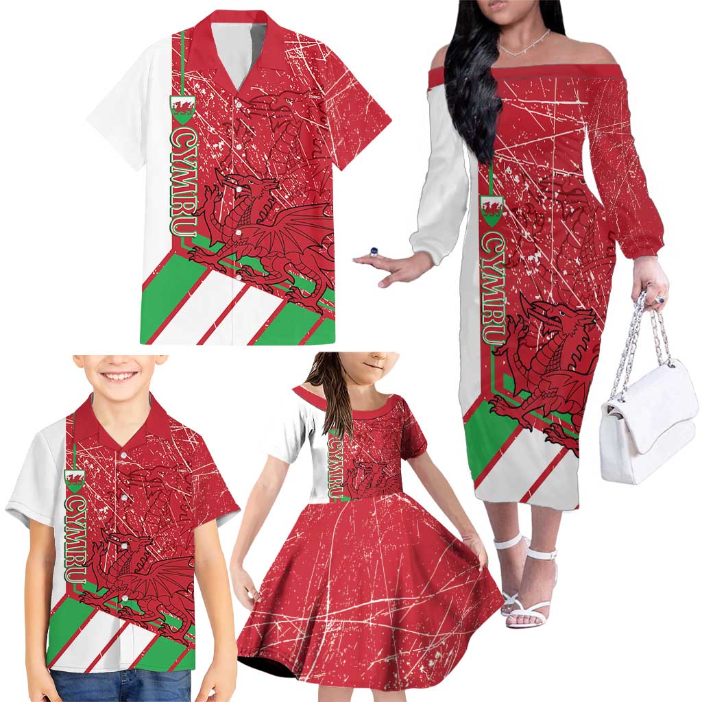 Wales Football Custom Family Matching Off The Shoulder Long Sleeve Dress and Hawaiian Shirt 2026 Come On Cymru Grunge Style - Wonder Print Shop