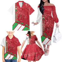Wales Football Custom Family Matching Off The Shoulder Long Sleeve Dress and Hawaiian Shirt 2026 Come On Cymru Grunge Style - Wonder Print Shop