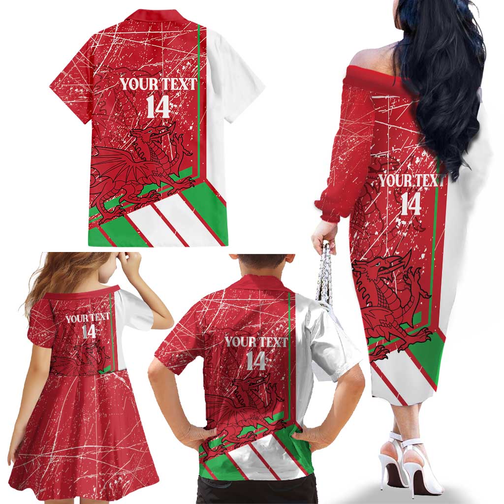 Wales Football Custom Family Matching Off The Shoulder Long Sleeve Dress and Hawaiian Shirt 2026 Come On Cymru Grunge Style - Wonder Print Shop