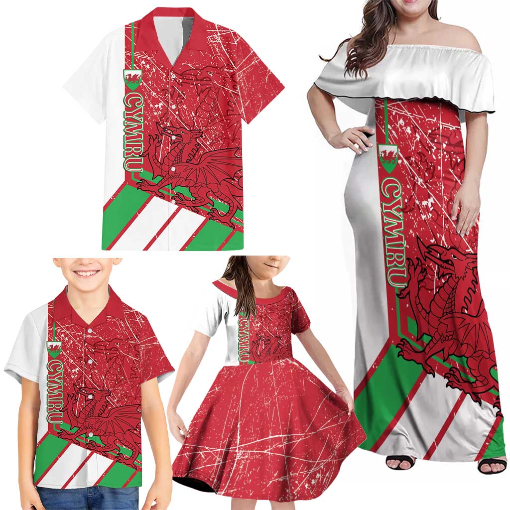 Wales Football Custom Family Matching Off Shoulder Maxi Dress and Hawaiian Shirt 2026 Come On Cymru Grunge Style - Wonder Print Shop