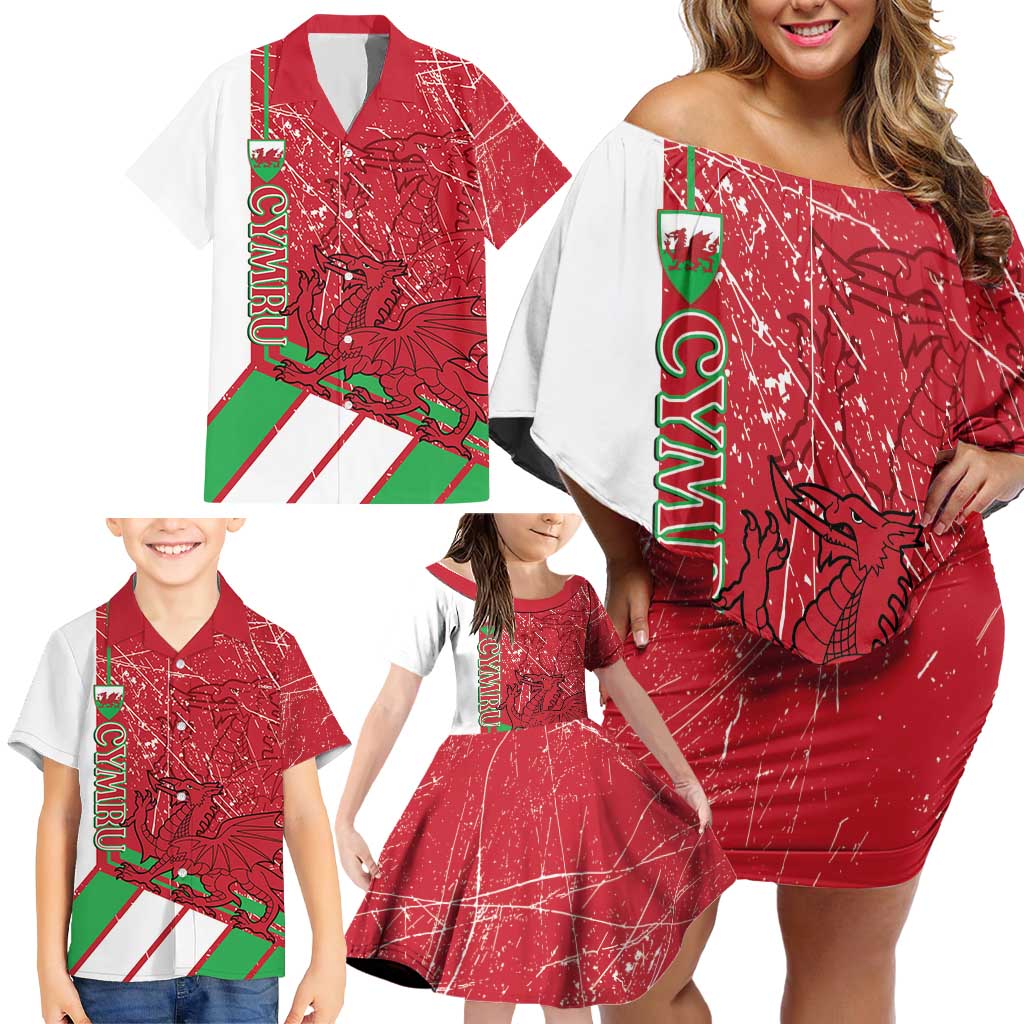 Wales Football Custom Family Matching Off Shoulder Short Dress and Hawaiian Shirt 2026 Come On Cymru Grunge Style - Wonder Print Shop