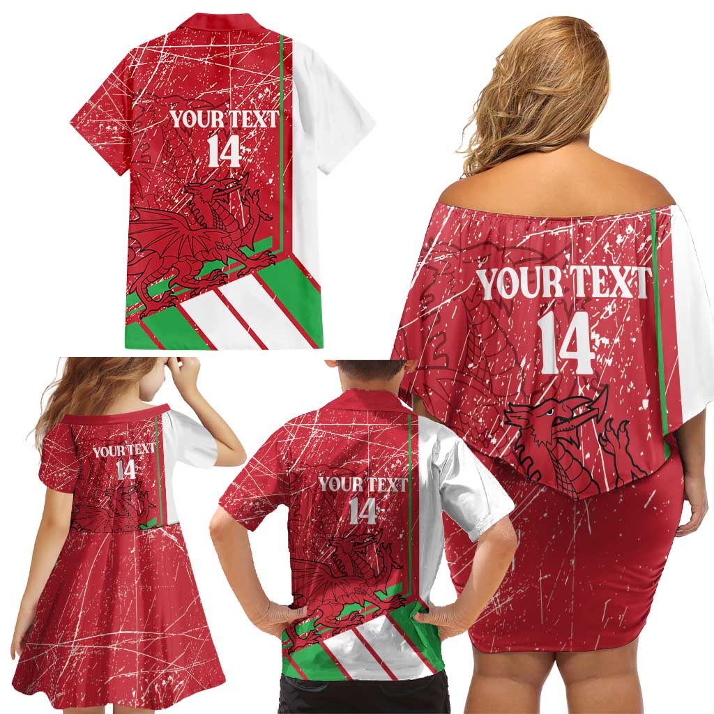 Wales Football Custom Family Matching Off Shoulder Short Dress and Hawaiian Shirt 2026 Come On Cymru Grunge Style - Wonder Print Shop