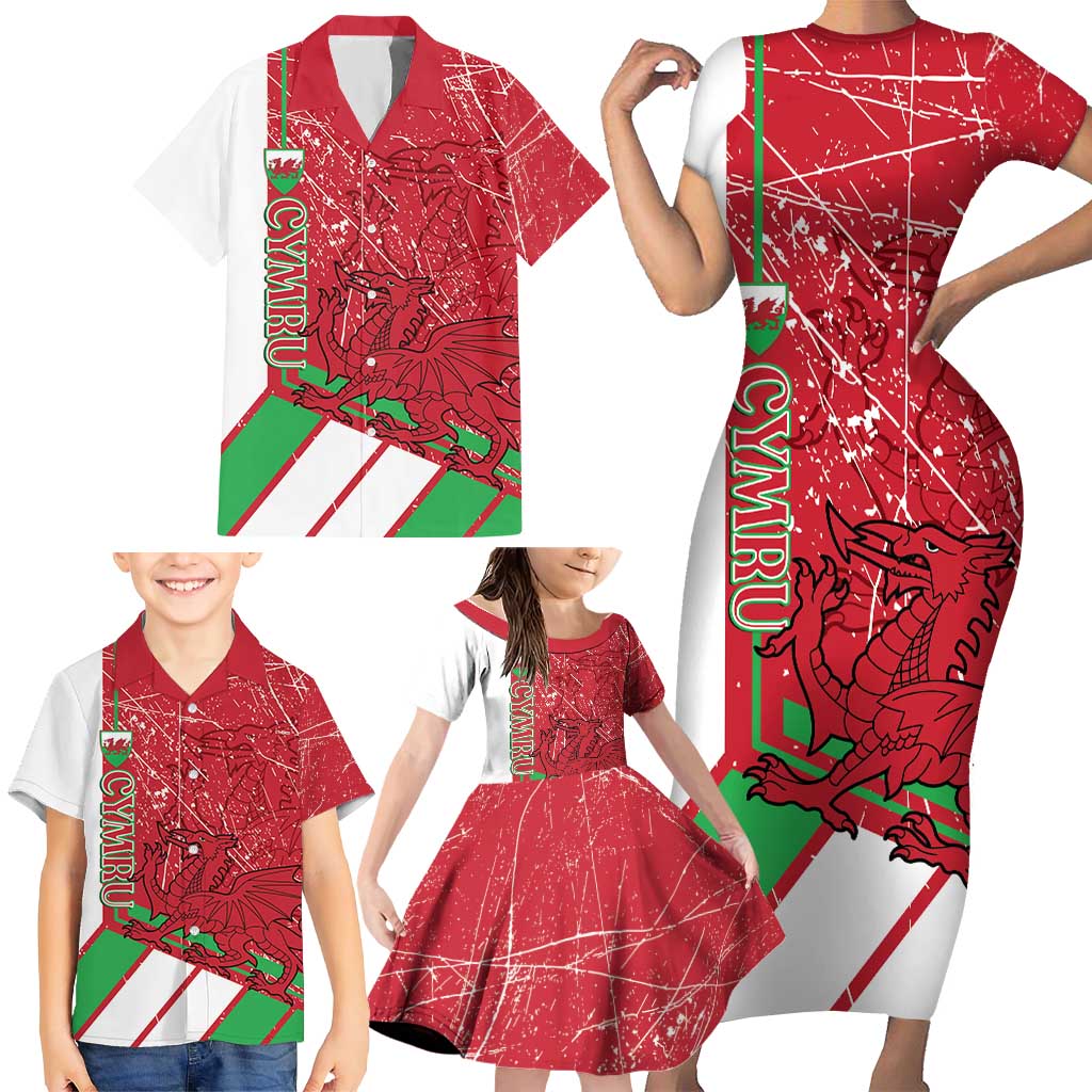 Wales Football Custom Family Matching Short Sleeve Bodycon Dress and Hawaiian Shirt 2026 Come On Cymru Grunge Style - Wonder Print Shop