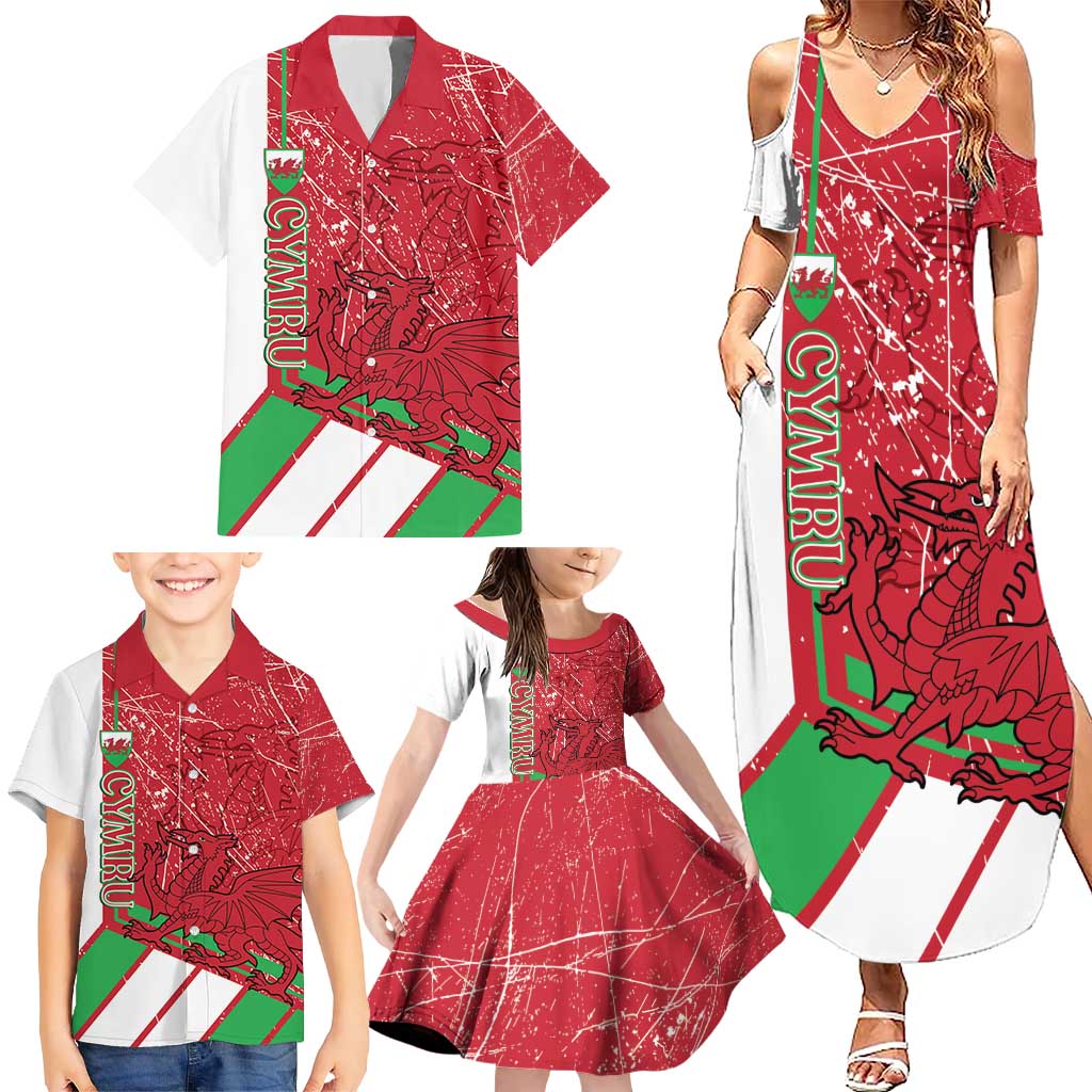 Wales Football Custom Family Matching Summer Maxi Dress and Hawaiian Shirt 2026 Come On Cymru Grunge Style - Wonder Print Shop