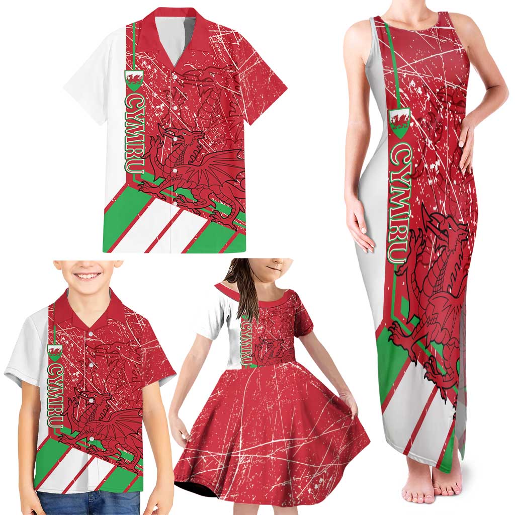 Wales Football Custom Family Matching Tank Maxi Dress and Hawaiian Shirt 2026 Come On Cymru Grunge Style - Wonder Print Shop