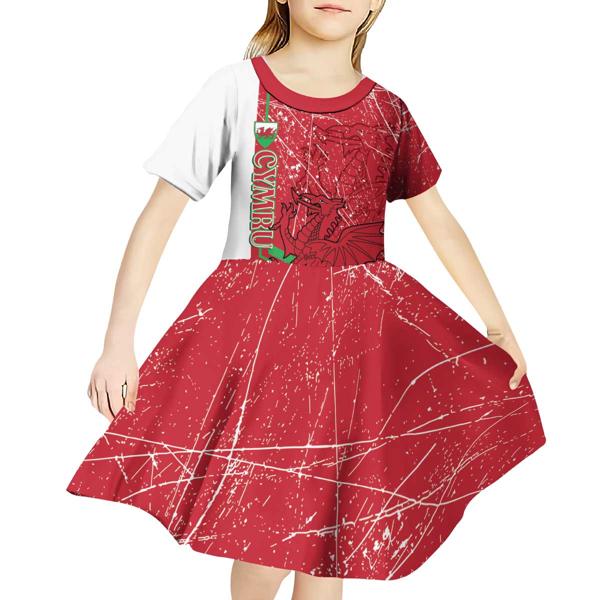 Wales Football Custom Kid Short Sleeve Dress 2026 Come On Cymru Grunge Style - Wonder Print Shop