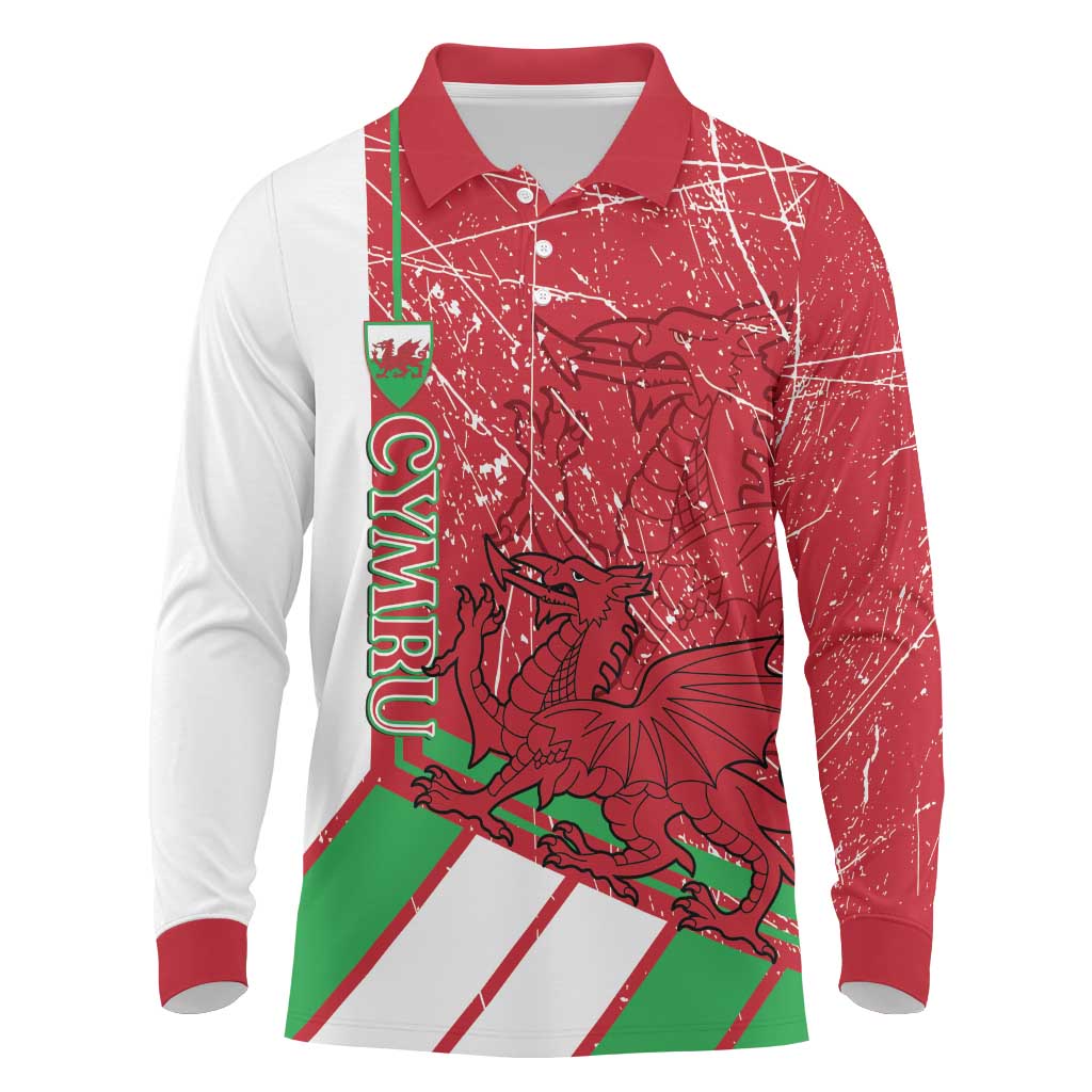 Wales Football Custom Long Sleeve Polo Shirt 2026 Come On Cymru Grunge Style - Wonder Print Shop