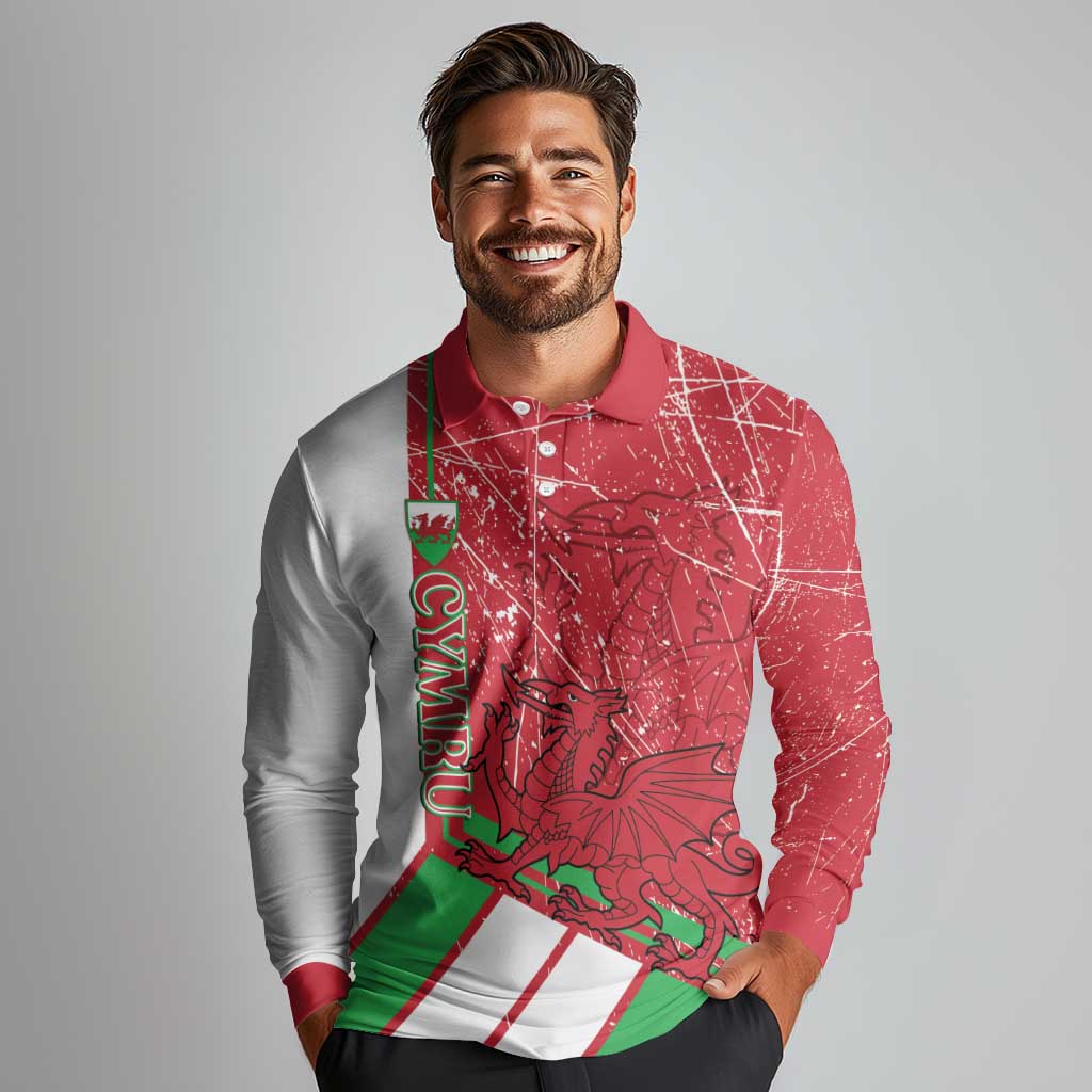 Wales Football Custom Long Sleeve Polo Shirt 2026 Come On Cymru Grunge Style - Wonder Print Shop