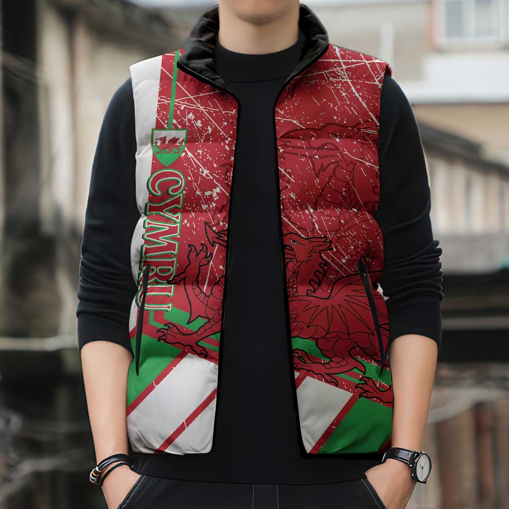Wales Football Custom Sleeveless Puffer Jacket 2026 Come On Cymru Grunge Style - Wonder Print Shop
