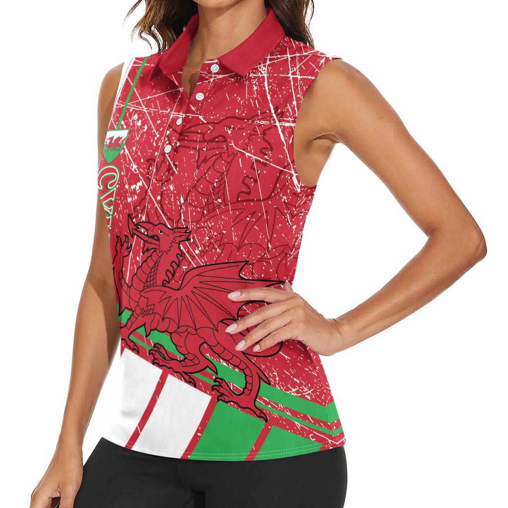 Wales Football Custom Women Sleeveless Polo Shirt 2026 Come On Cymru Grunge Style - Wonder Print Shop