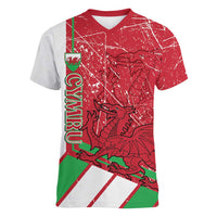 Wales Football Custom Women V-Neck T-Shirt 2026 Come On Cymru Grunge Style - Wonder Print Shop