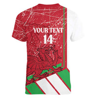 Wales Football Custom Women V-Neck T-Shirt 2026 Come On Cymru Grunge Style - Wonder Print Shop