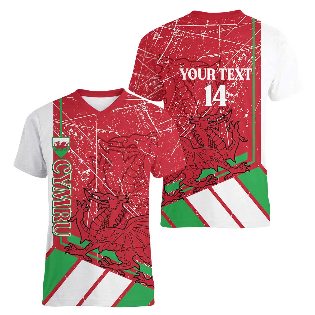 Wales Football Custom Women V-Neck T-Shirt 2026 Come On Cymru Grunge Style - Wonder Print Shop