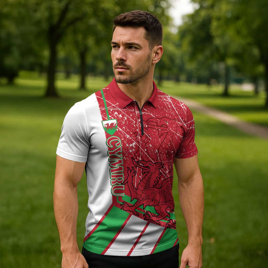 Wales Football Custom Zipper Polo Shirt 2026 Come On Cymru Grunge Style - Wonder Print Shop