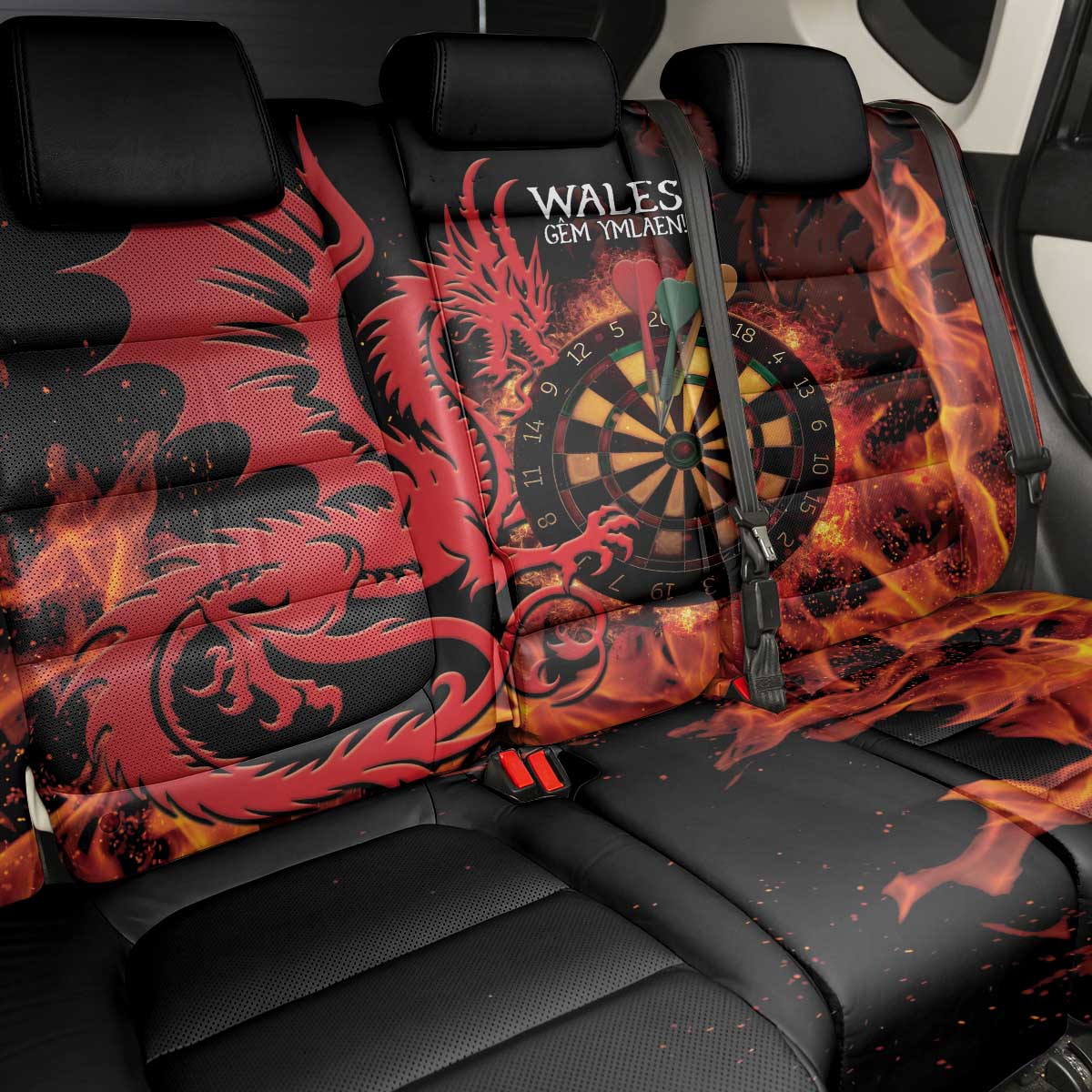 Wales Darts Back Car Seat Cover Cymru Dragon Gem Ymlaen Flaming Vibes - Wonder Print Shop