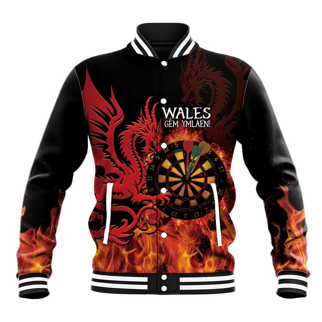Wales Darts Baseball Jacket Cymru Dragon Gem Ymlaen Flaming Vibes - Wonder Print Shop
