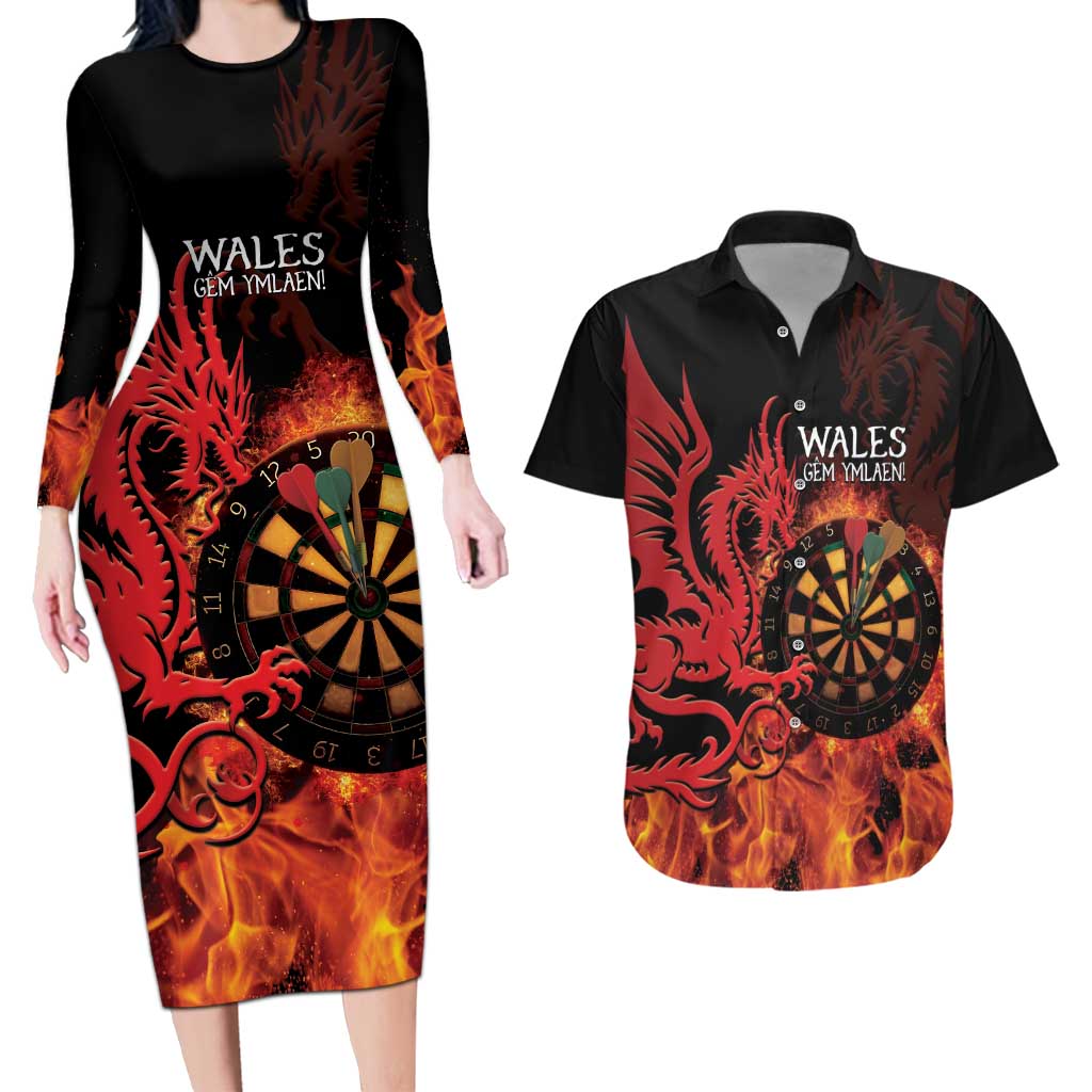 Wales Darts Couples Matching Long Sleeve Bodycon Dress and Hawaiian Shirt Cymru Dragon Gem Ymlaen Flaming Vibes - Wonder Print Shop