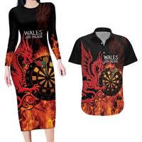 Wales Darts Couples Matching Long Sleeve Bodycon Dress and Hawaiian Shirt Cymru Dragon Gem Ymlaen Flaming Vibes - Wonder Print Shop