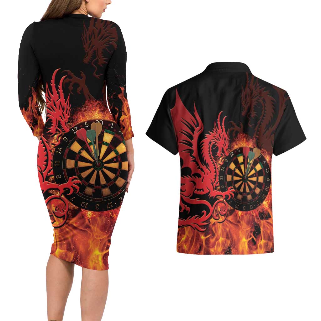 Wales Darts Couples Matching Long Sleeve Bodycon Dress and Hawaiian Shirt Cymru Dragon Gem Ymlaen Flaming Vibes - Wonder Print Shop