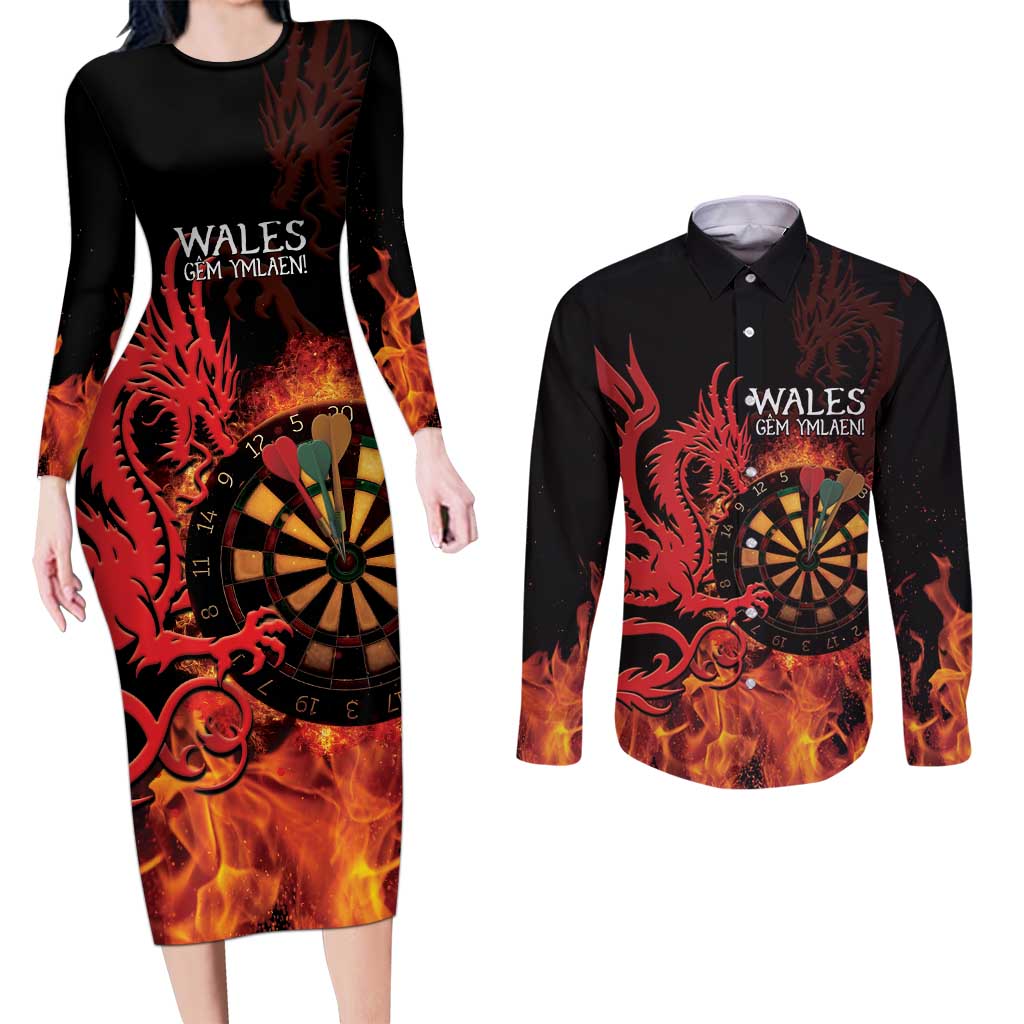 Wales Darts Couples Matching Long Sleeve Bodycon Dress and Long Sleeve Button Shirt Cymru Dragon Gem Ymlaen Flaming Vibes - Wonder Print Shop