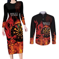 Wales Darts Couples Matching Long Sleeve Bodycon Dress and Long Sleeve Button Shirt Cymru Dragon Gem Ymlaen Flaming Vibes - Wonder Print Shop
