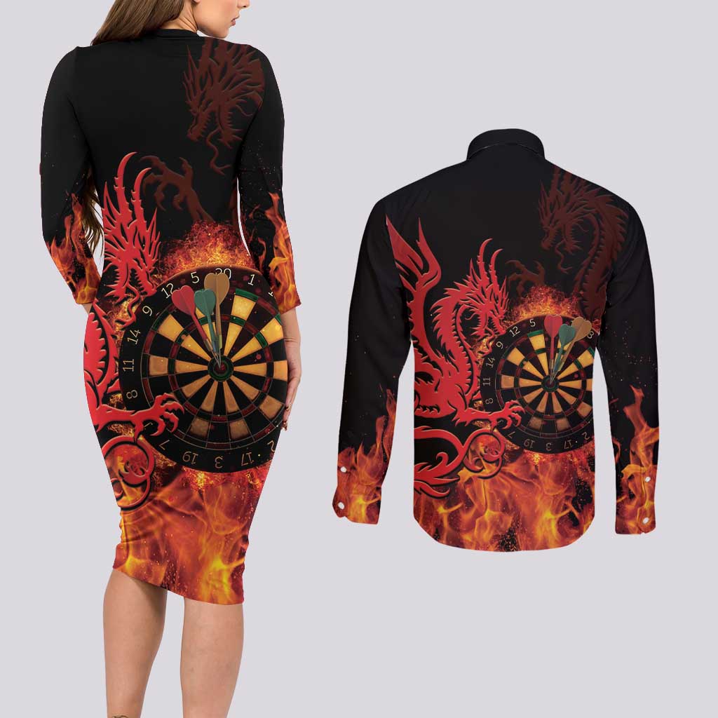 Wales Darts Couples Matching Long Sleeve Bodycon Dress and Long Sleeve Button Shirt Cymru Dragon Gem Ymlaen Flaming Vibes - Wonder Print Shop